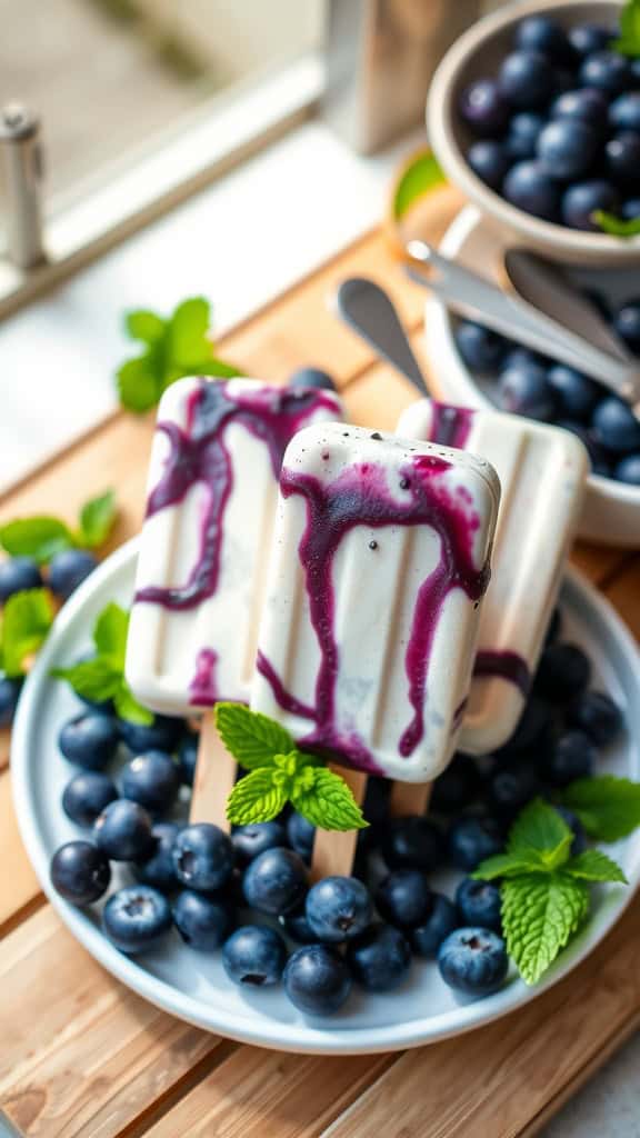 No Bake Blueberry Cheesecake Popsicles on a plate with fresh blueberries and mint