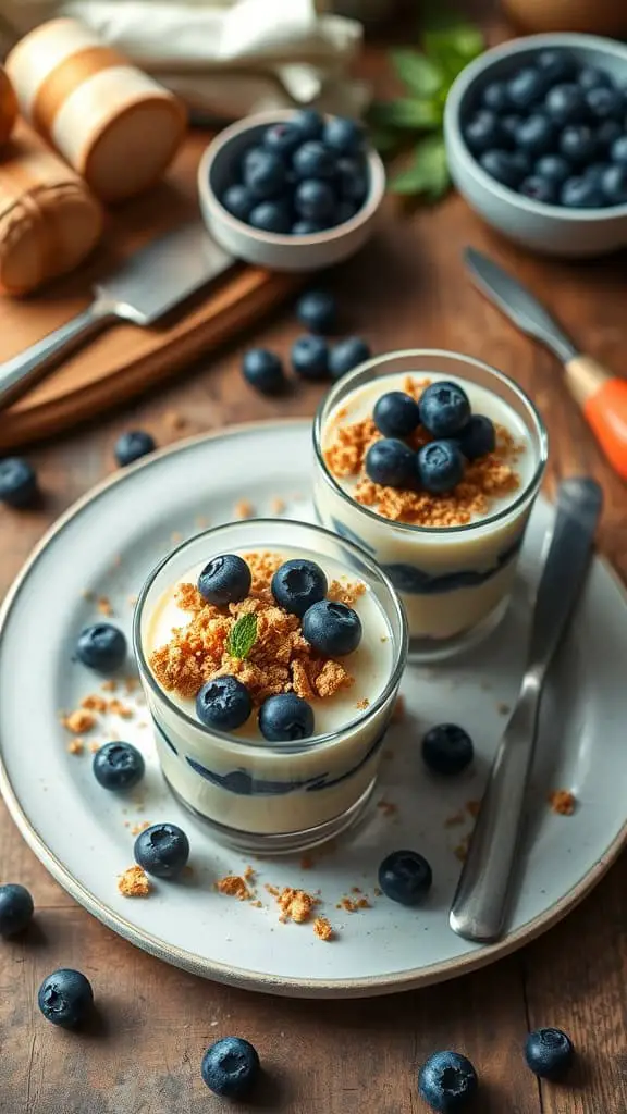 A delicious no bake blueberry cheesecake pudding served in cups with fresh blueberries on top.