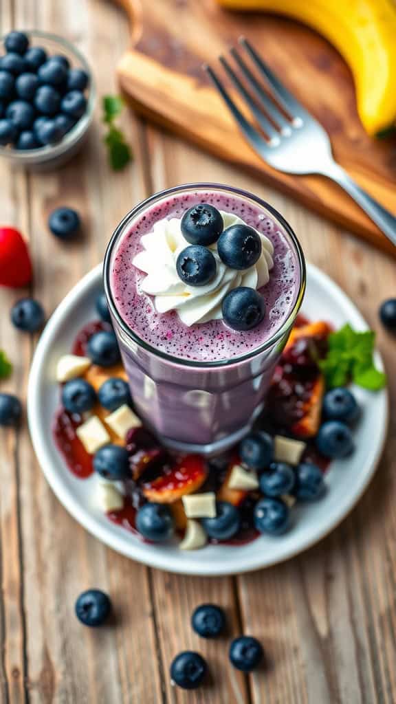 A delicious blueberry cheesecake smoothie topped with whipped cream and fresh blueberries.