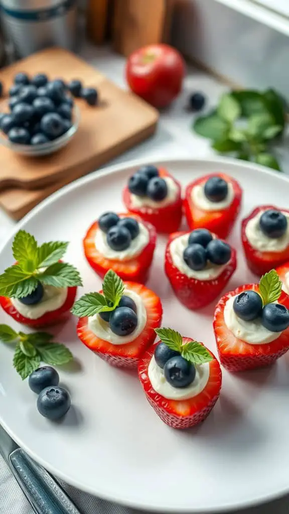 Plate of no bake blueberry cheesecake stuffed strawberries with mint leaves.