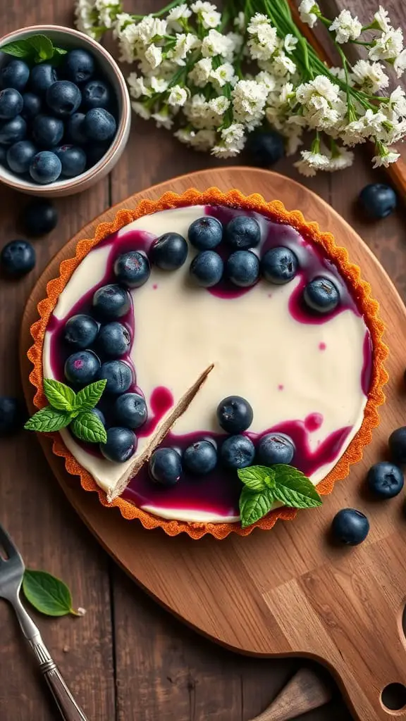 No Bake Blueberry Cheesecake Tart with blueberries and mint garnish