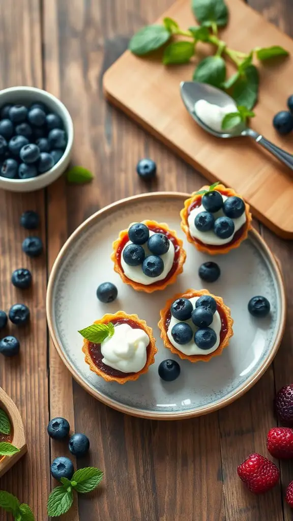 No bake blueberry cheesecake tartlets topped with fresh blueberries and mint leaves on a plate.