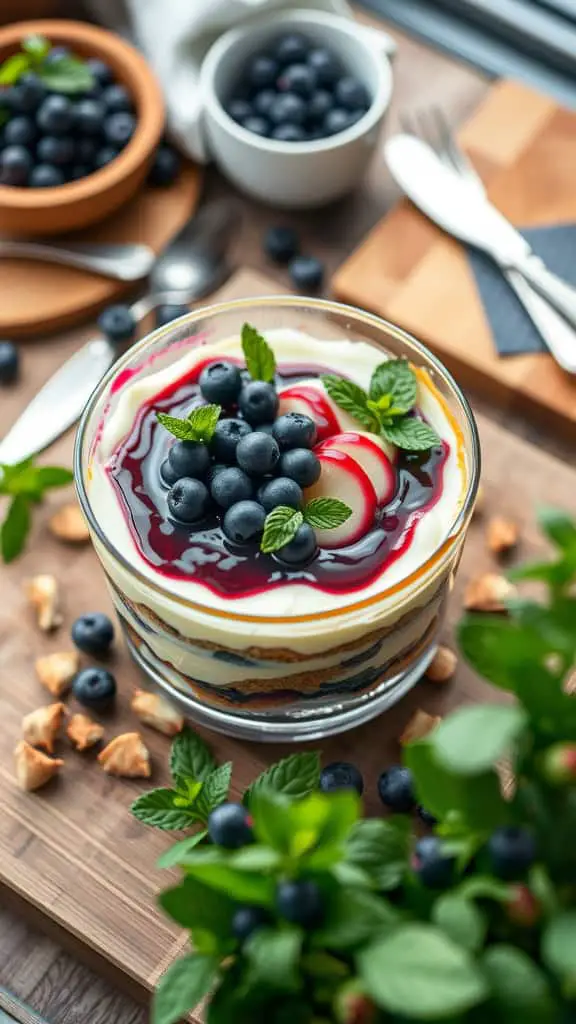 A delicious no bake blueberry cheesecake trifle layered with cream cheese, blueberries, and graham cracker crumbs.