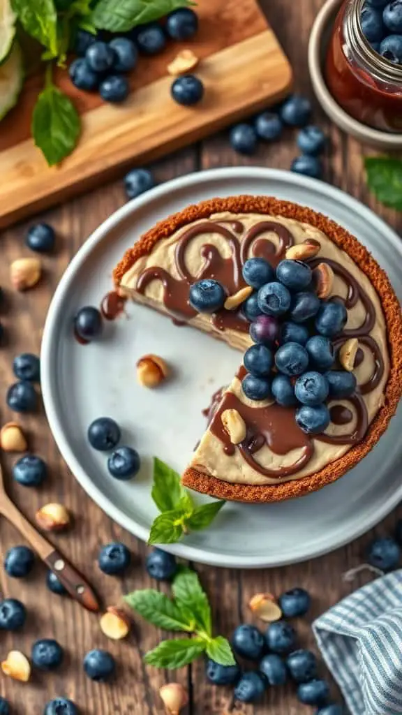 A slice of no bake blueberry cheesecake with a nutella crust topped with fresh blueberries.