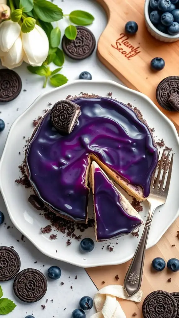 No bake blueberry cheesecake with Oreo crust topped with blueberry filling and garnished with fresh blueberries.