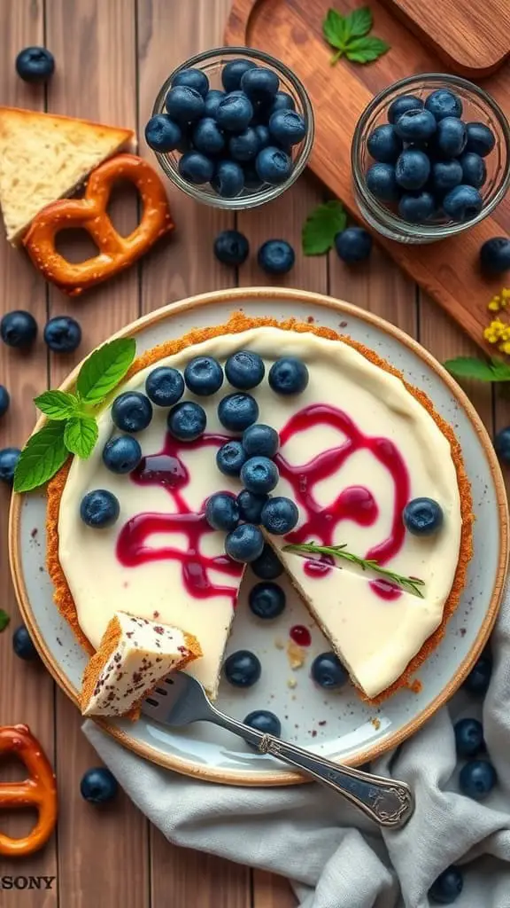 No Bake Blueberry Cheesecake with a pretzel crust topped with fresh blueberries and blueberry sauce.