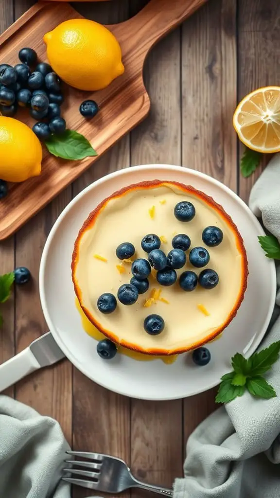 A delicious no bake lemon blueberry cheesecake topped with fresh blueberries and lemon slices