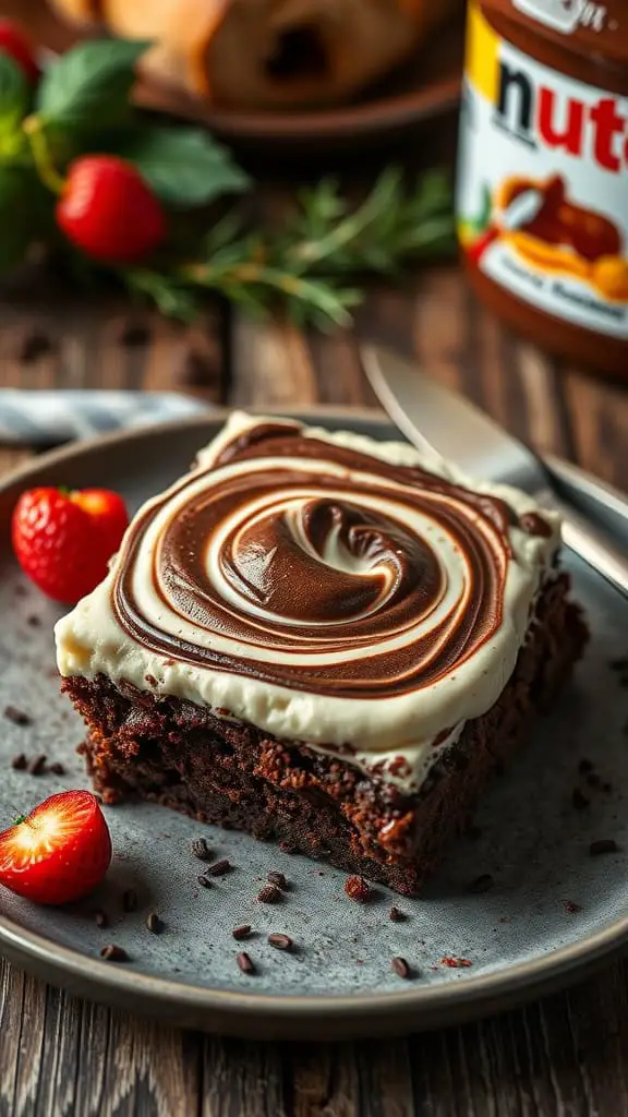 Nutella cream cheese brownies on a plate with fresh strawberries.