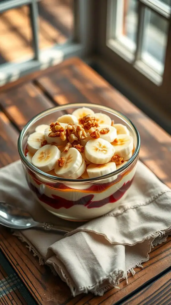 Nutty banana parfait with yogurt, bananas, and walnuts