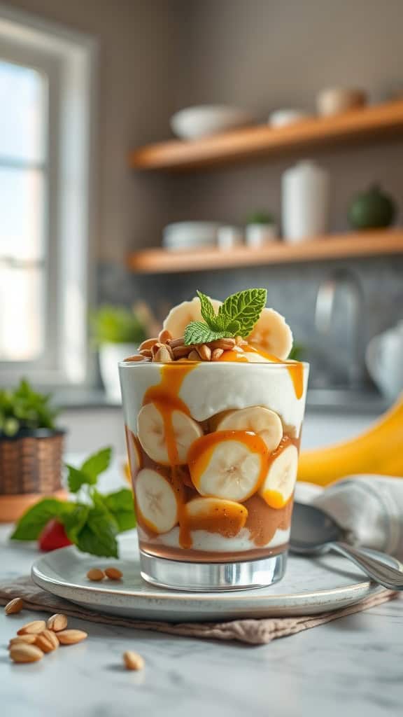 Nutty Banana Parfait with yogurt, banana slices, and almond butter drizzle