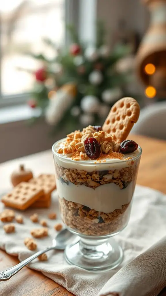 A delicious oatmeal cookie parfait with layers of vanilla yogurt, crumbled cookies, and raisins in a glass.