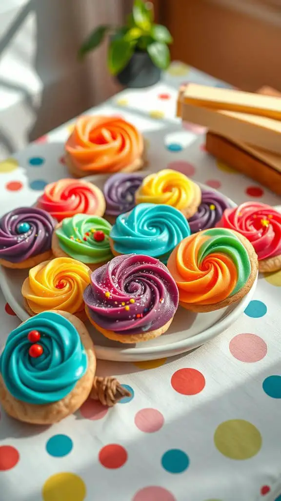 Colorful sugar cookies with icing swirls and sprinkles