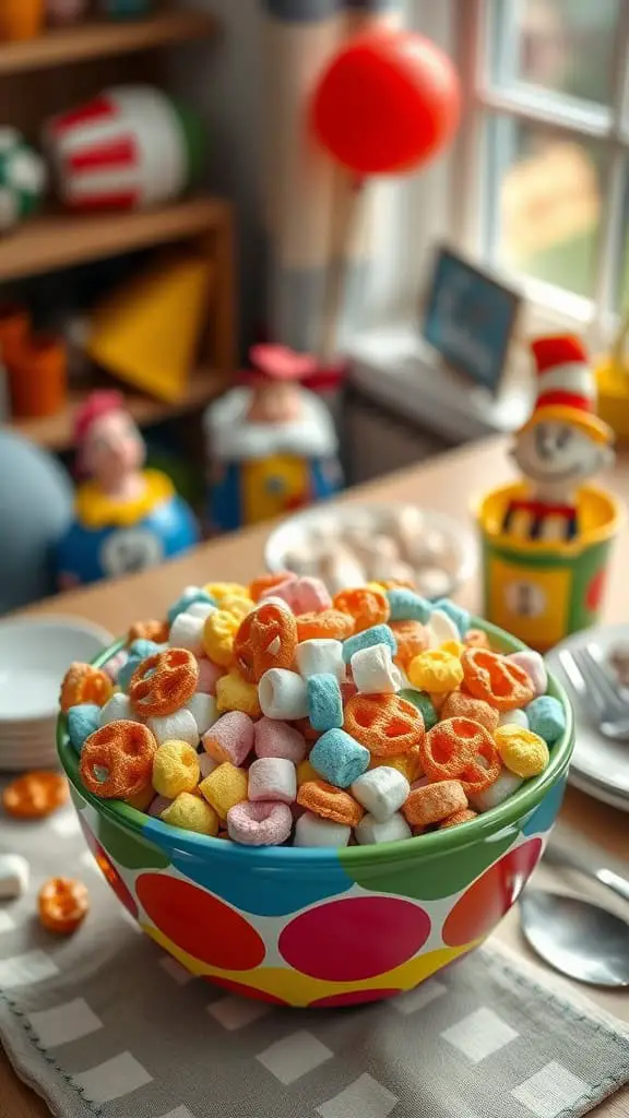 Colorful trail mix with cereal, pretzels, and marshmallows in a vibrant bowl