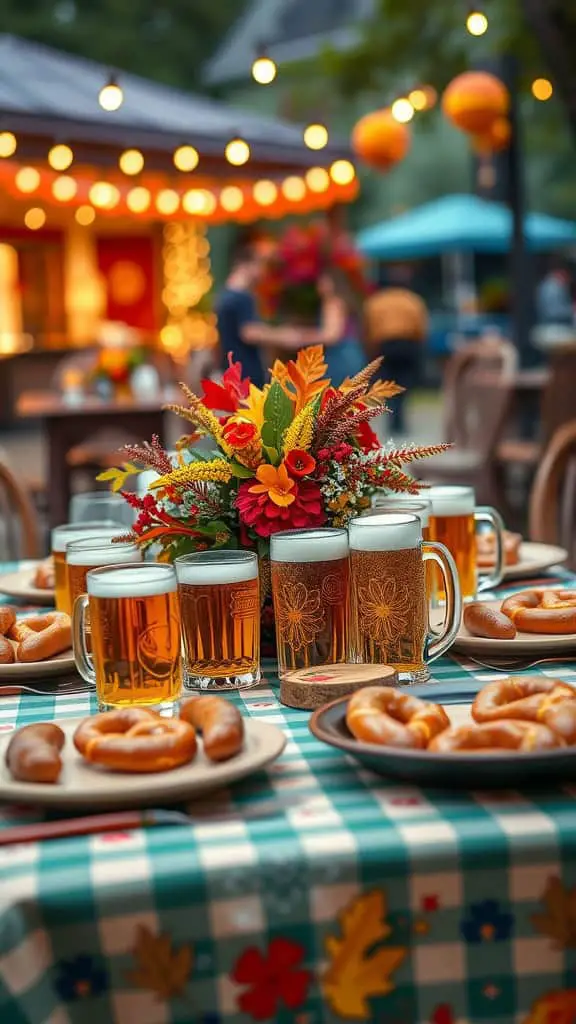 A festive Oktoberfest-style dinner party table set with craft beers, soft pretzels, and vibrant floral decorations.