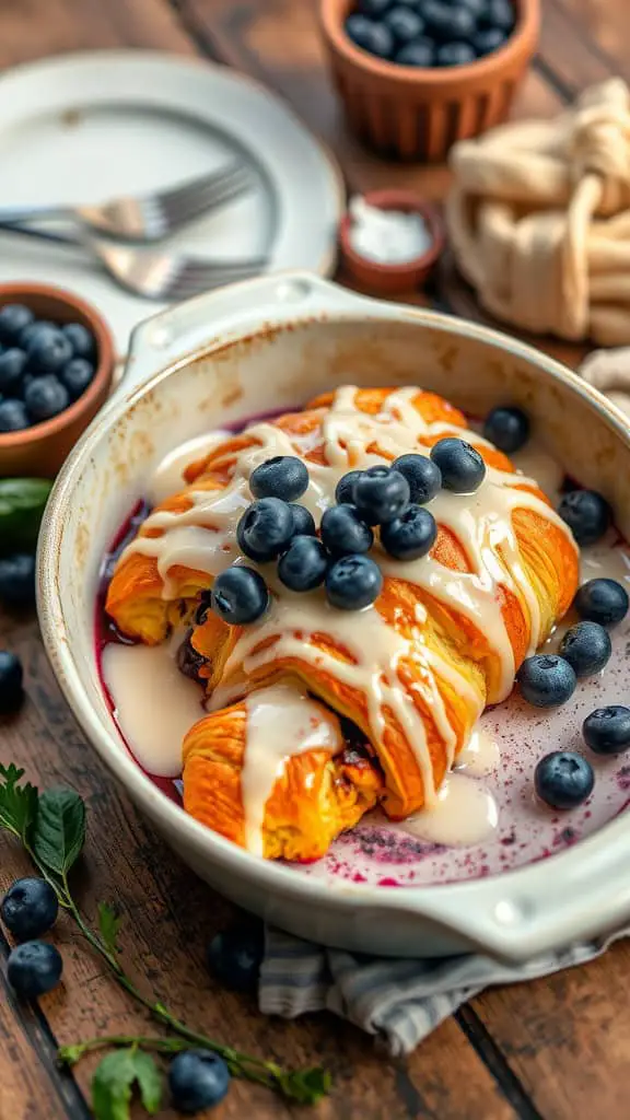 A delicious blueberry croissant breakfast bake topped with a creamy vanilla glaze and fresh blueberries.