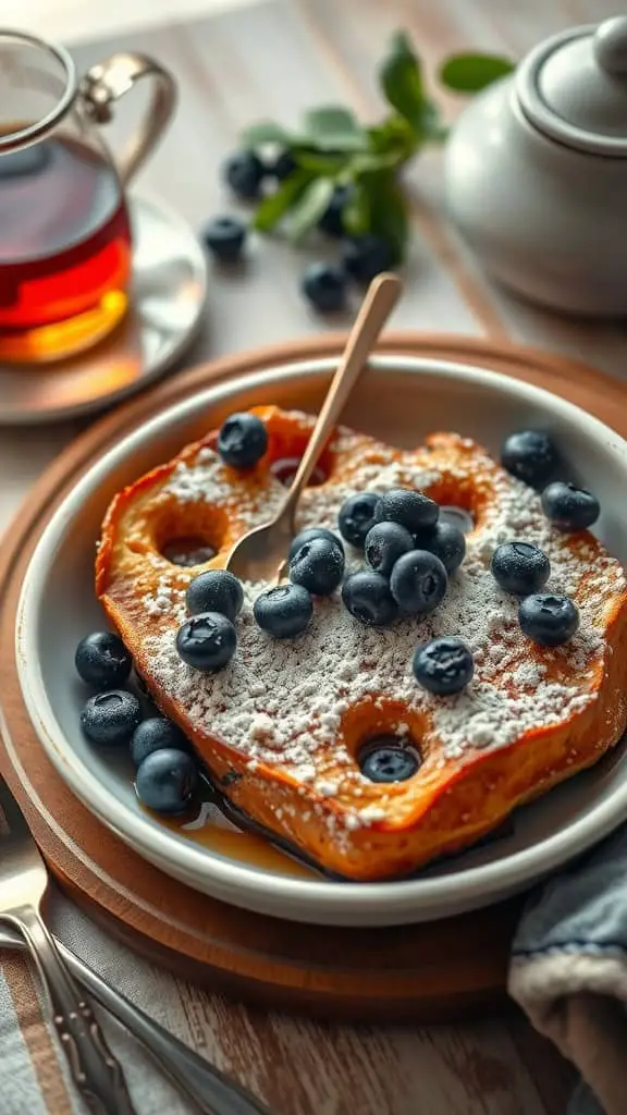 Delicious Blueberry French Toast Bake served with fresh blueberries and powdered sugar