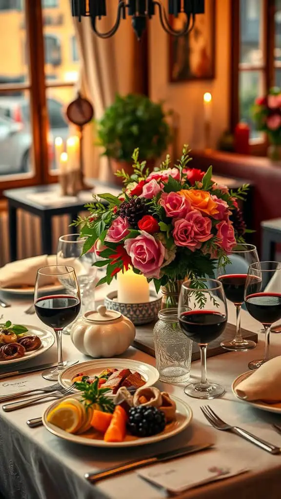 A beautifully set dinner table for a Parisian bistro theme, featuring wine glasses, a floral centerpiece, and an array of dishes.