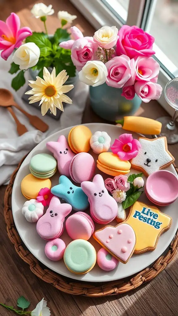 A colorful pastel dessert board featuring macarons, marshmallow peeps, and mini sugar cookies, decorated with flowers.