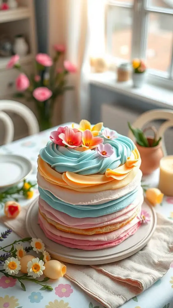 A beautifully decorated pastel layer cake with colorful frosting and flowers.