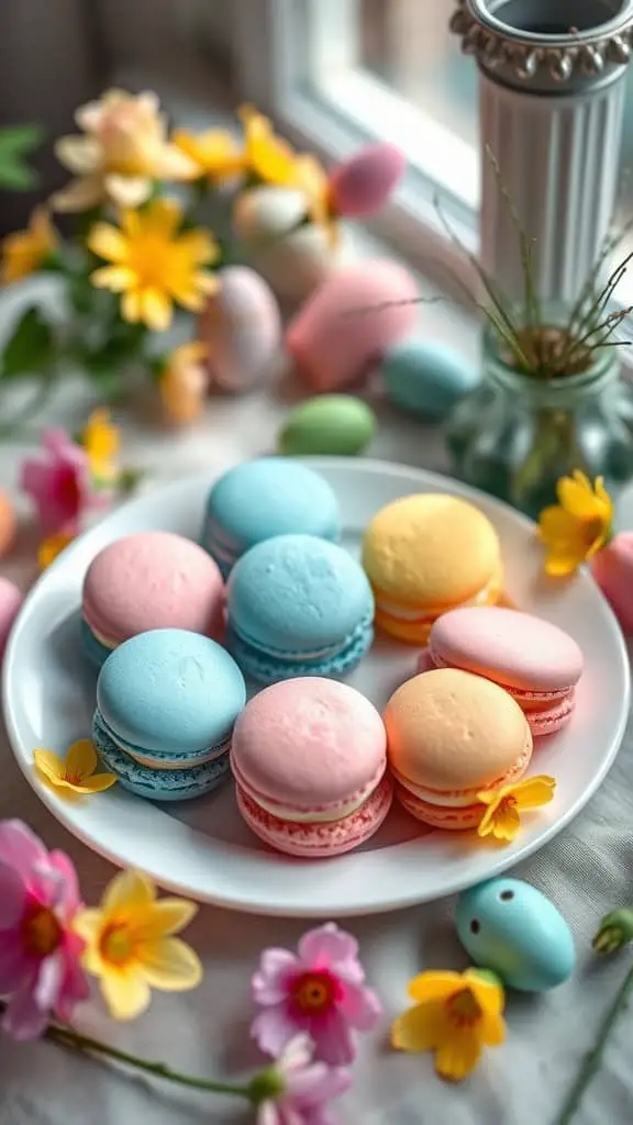 Pastel macarons in various colors on a plate decorated with flowers.
