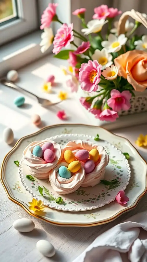 Colorful pastel meringue nests filled with candy eggs, perfect for Easter.