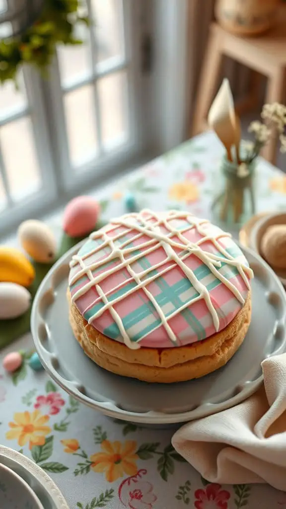 Pastel plaid cookie cake with vibrant icing design