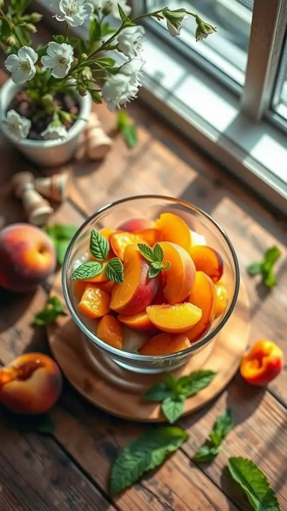 A refreshing peach and apricot fruit salad with honey drizzle, garnished with mint.