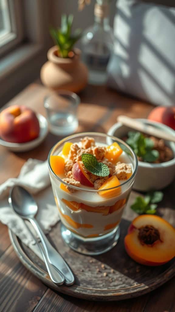 Peach Cobbler Parfait with yogurt, peaches, and graham crackers