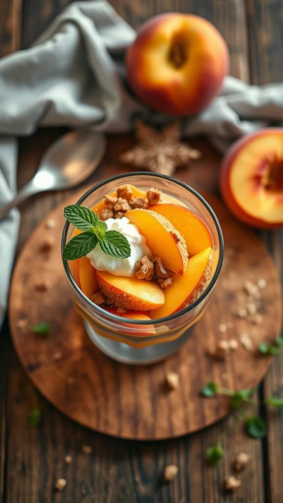 A peach parfait layered with diced peaches, Greek yogurt, and granola, garnished with mint leaves.