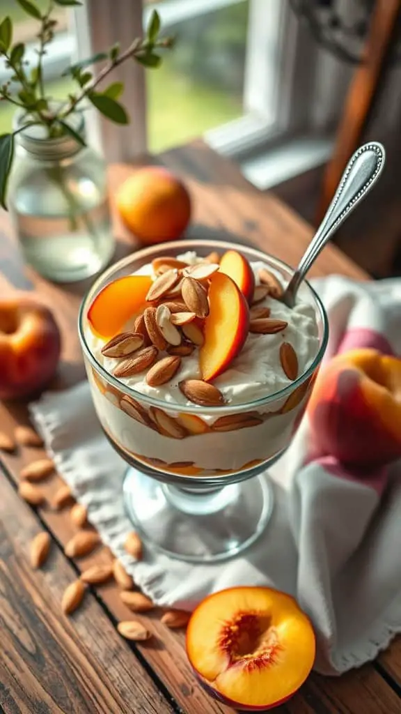 Peachy Almond Yogurt Parfait with slices of peach and slivered almonds