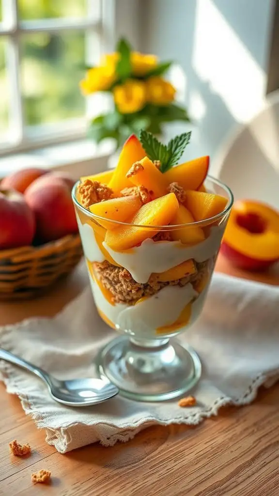 A delicious peach yogurt parfait with diced peaches and crumbled graham crackers in a glass