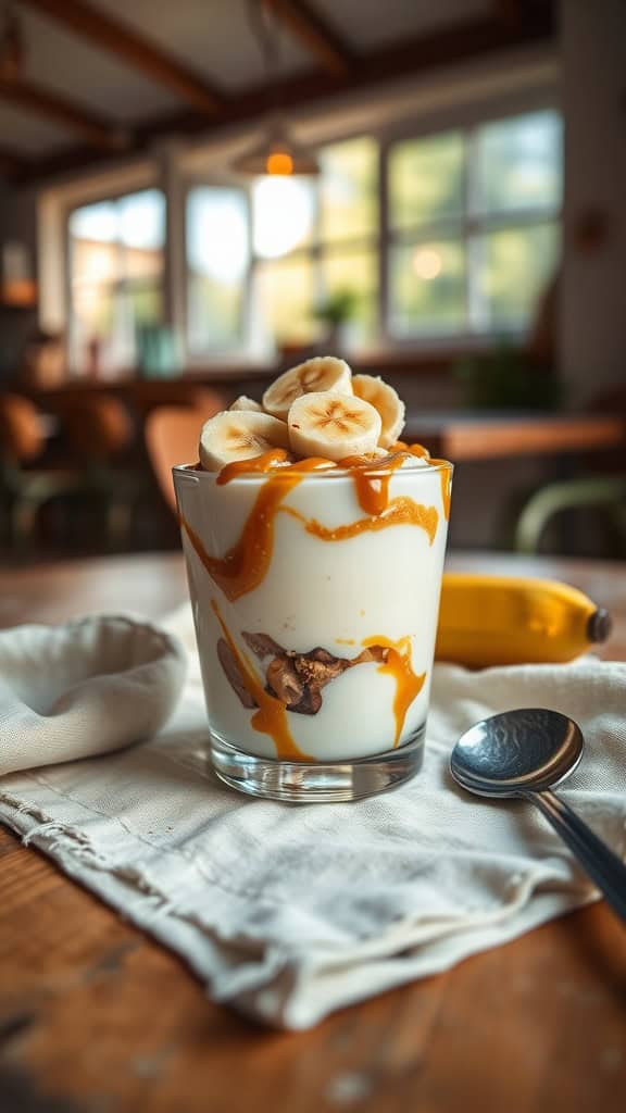 A delicious Peanut Butter Banana Parfait with layers of yogurt, banana slices, and a drizzle of peanut butter.