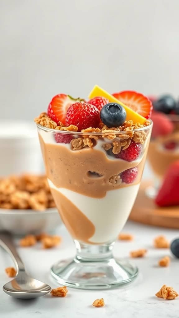 A delicious peanut butter crunch parfait with yogurt and granola