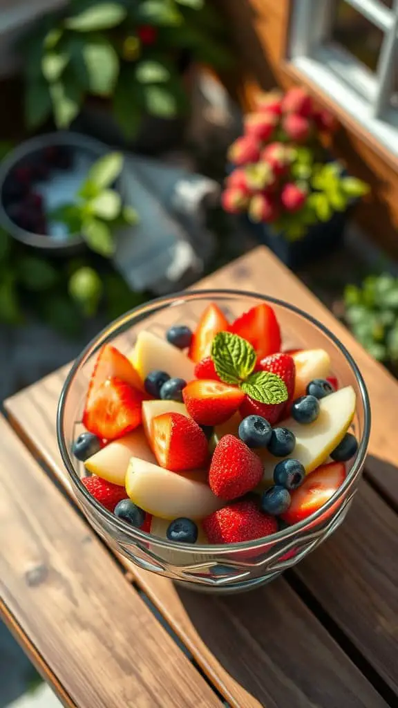 A refreshing fruit salad featuring pears, strawberries, and blueberries.