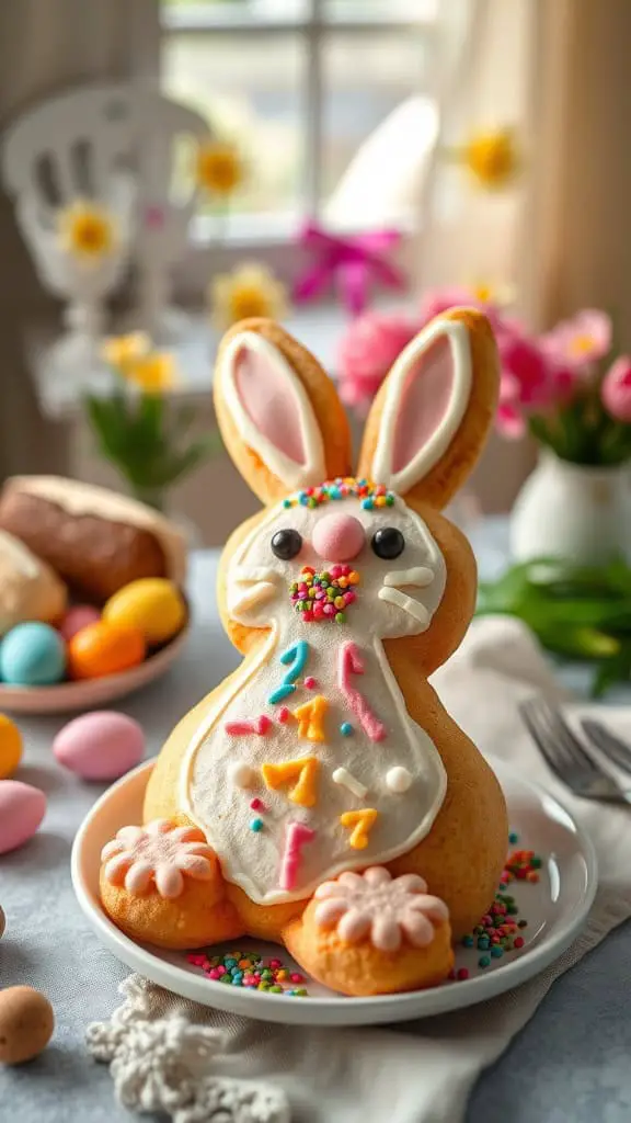 A colorful bunny-shaped cookie cake decorated with pastel icing and sprinkles.