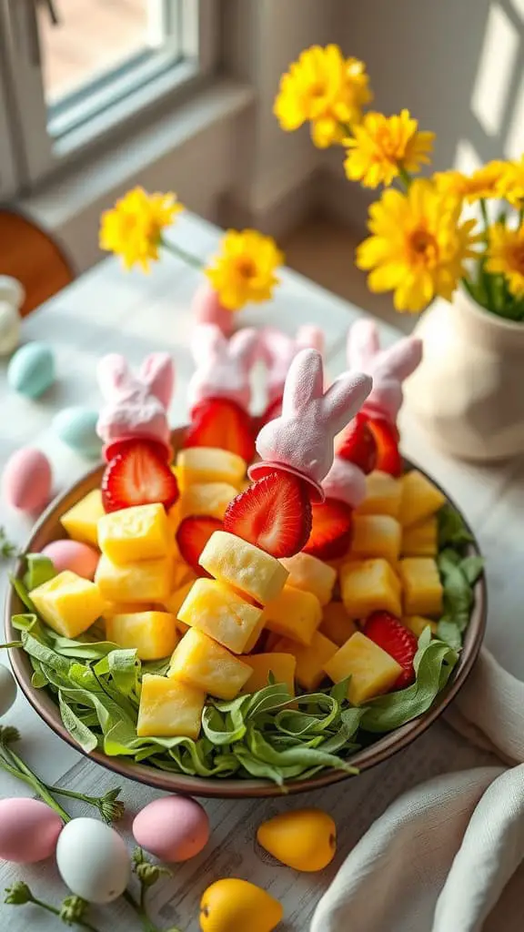 Colorful fruit kebabs with marshmallow Peeps, strawberries, and pineapple chunks.