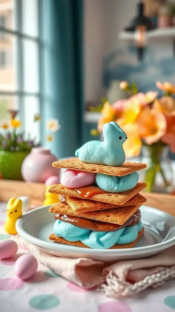 Stack of colorful Peep S'mores with marshmallow Peeps, chocolate, and graham crackers