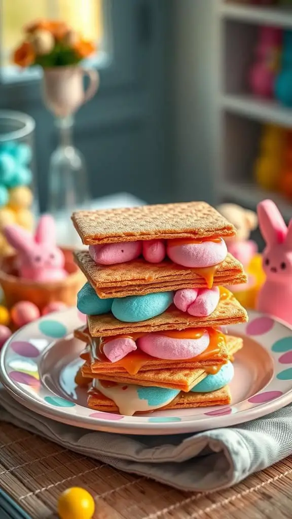 Colorful Peep S'mores stacked on a plate.