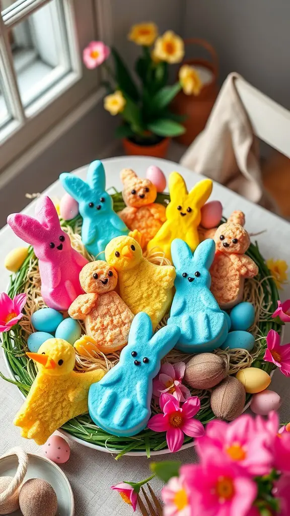 Colorful Peeps Rice Krispies Treats shaped like bunnies and chicks