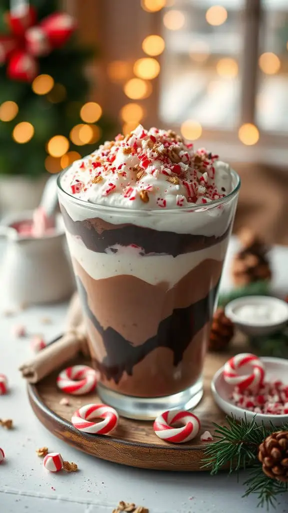 Peppermint mocha parfait with chocolate yogurt, crushed candy canes, and granola