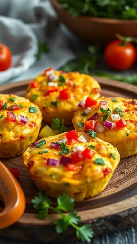 Keto egg muffins with peppers and onions on a wooden platter