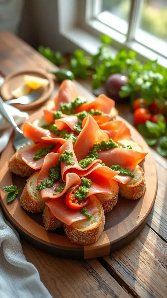 Pesto and Ham Bruschetta on a wooden board