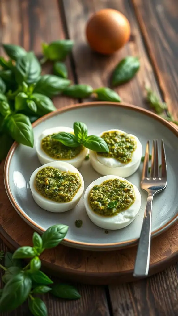 Pesto and Mozzarella Egg White Bites on a plate with fresh basil