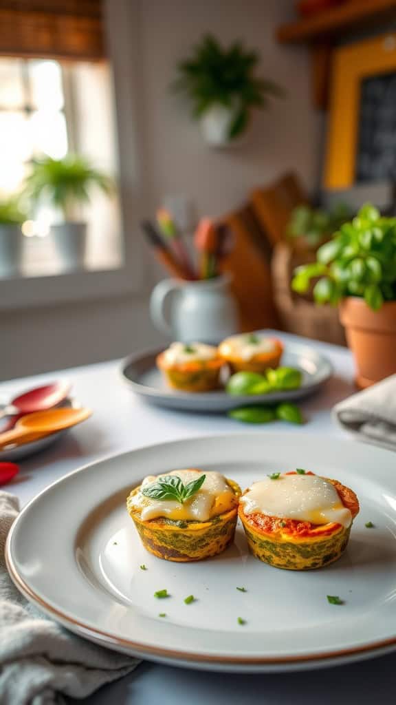 Pesto Breakfast Egg Muffins with cheese and vegetables, served on a white plate.