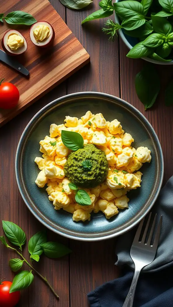 A plate of pesto scrambled eggs with cottage cheese, garnished with fresh basil.