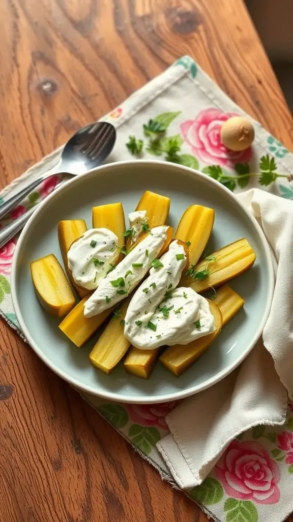 A plate of pickle spears topped with light cream cheese and fresh herbs.