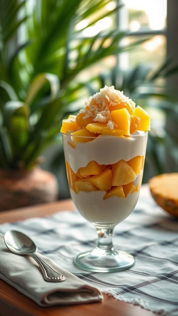 A refreshing pineapple coconut parfait with layers of pineapple yogurt, chunks of pineapple, and shredded coconut.