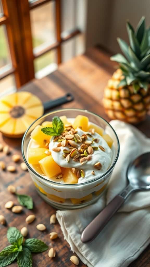 Pineapple Pistachio Parfait served in a glass with yogurt, pineapple, and pistachios