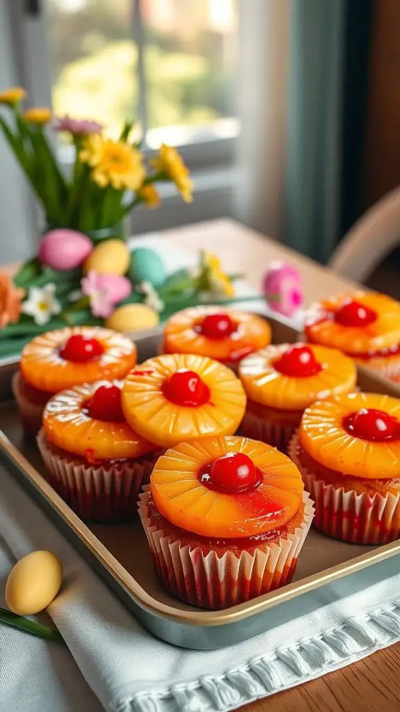 Pineapple Upside-Down Cupcakes arranged on a tray with colorful decorations.