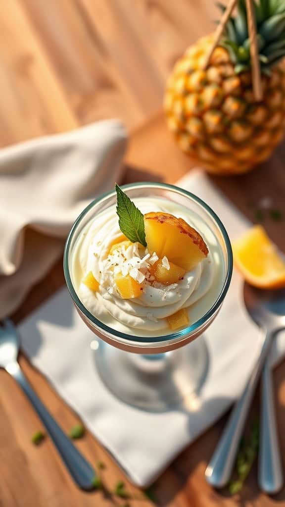 A refreshing pineapple whip served in a glass with coconut and lime accents.